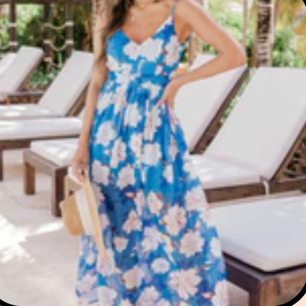 Pink Lily Blue Floral Maxi Dress Sz Small